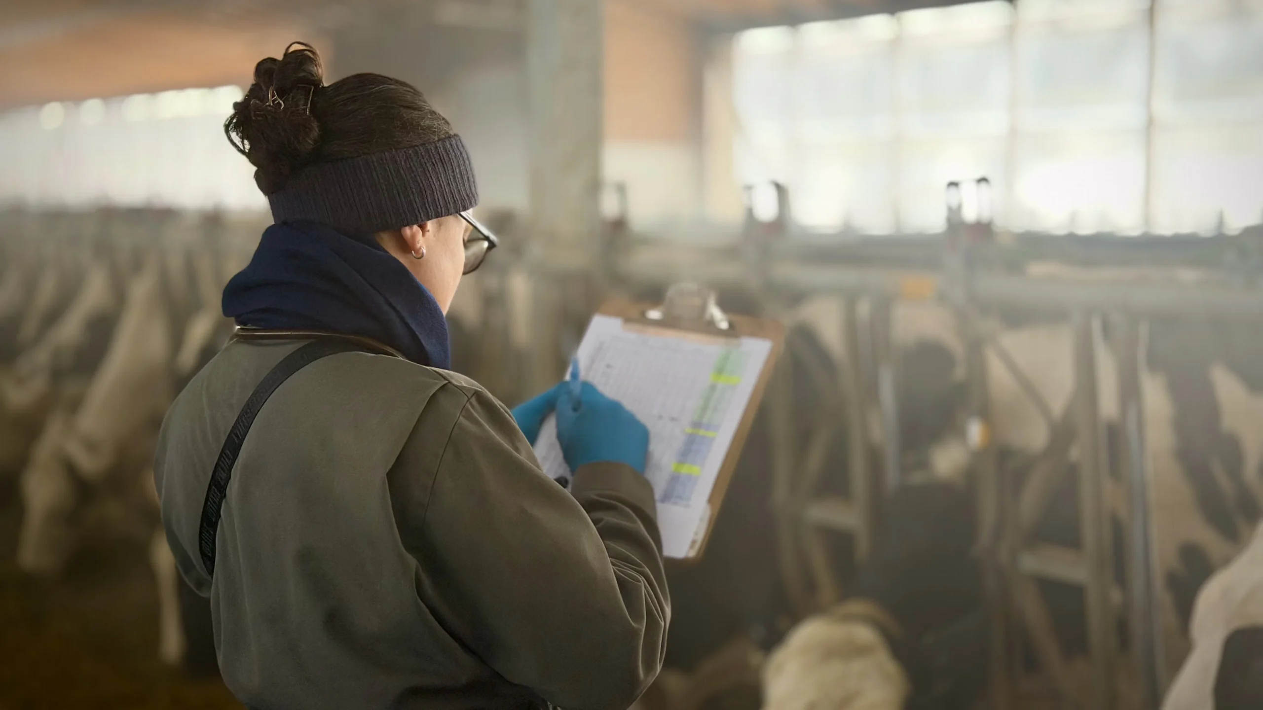 A female researcher in a barn environment, viewed from behind, writing notes on a clipboard while observing livestock in the background.