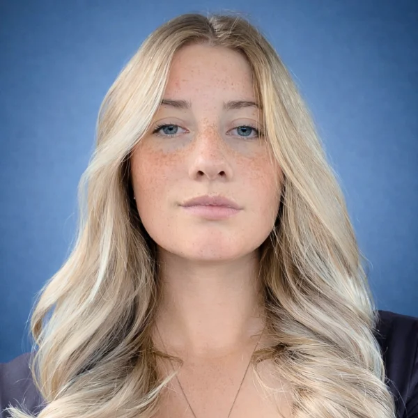 Professional headshot of a woman with long blonde wavy hair and freckles, looking forward against a blue background.