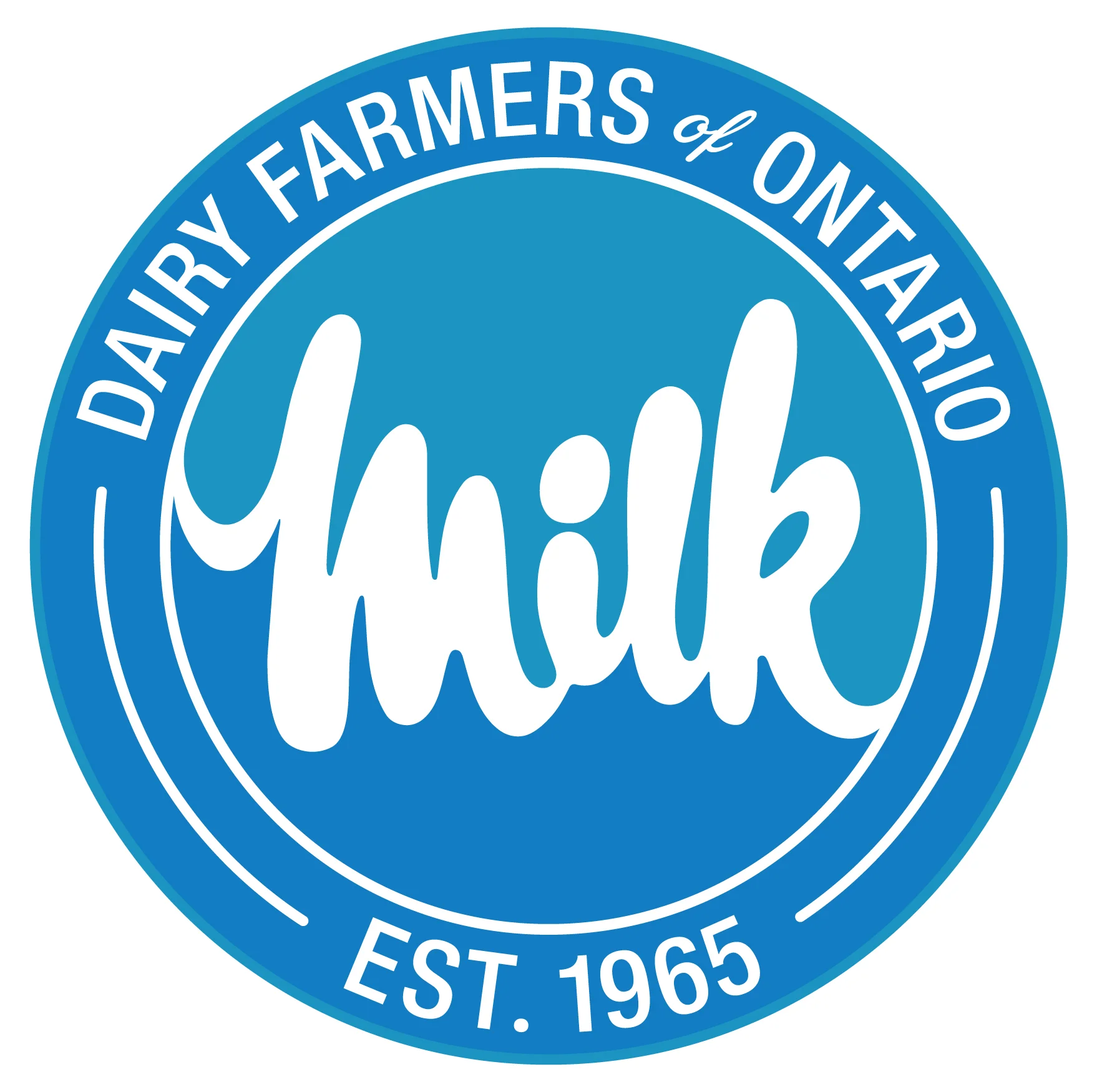 Official logo of the Dairy Farmers of Ontario, featuring the word "milk" in stylized white script on a blue circular background, with "Est. 1965" at the bottom.