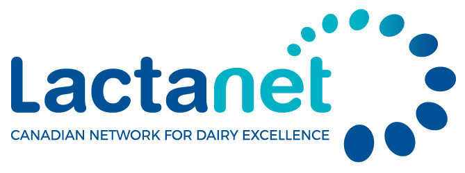Logo for Lactanet, Canadian Network for Dairy Excellence, featuring the company name in blue and teal text alongside a spiral of blue dots.