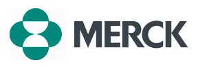 Logo for Merck, featuring the company name in bold, dark grey capital letters next to a teal geometric icon resembling a stylized four-leaf clover or capsule shape.