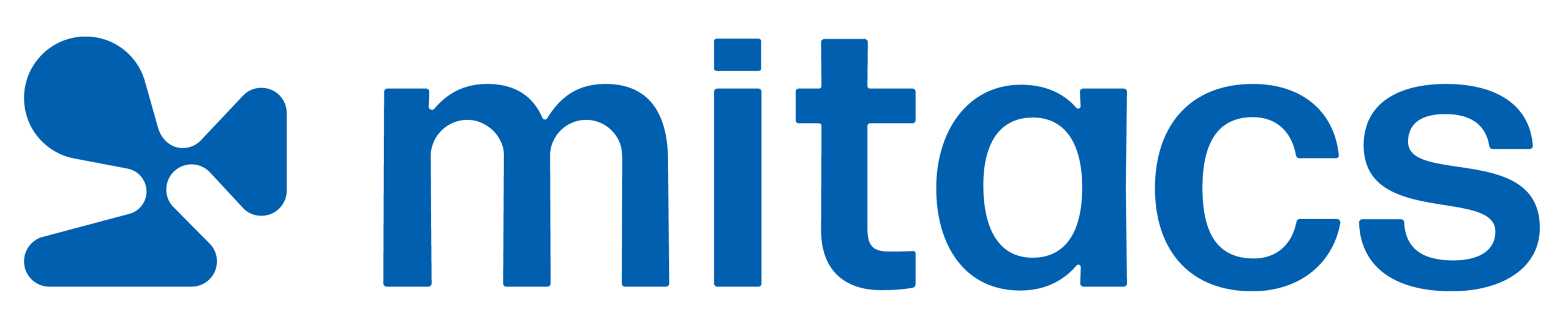 Logo for Mitacs, featuring the organization name in a bold, lowercase blue font next to an abstract blue icon resembling a stylized propeller or organic shape.
