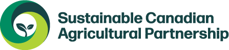 Logo for the Sustainable Canadian Agricultural Partnership, featuring a circular icon of overlapping green shades with a small sprout in the center.