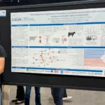 A male researcher in a black t-shirt standing confidently next to a large scientific research poster. The poster features University of Guelph and Ribeiro Lab branding, titled 'Gene expression signatures in prepartum peripheral blood leukocytes associated with postpartum health status in dairy cows' and displays complex biological network diagrams and bar charts.