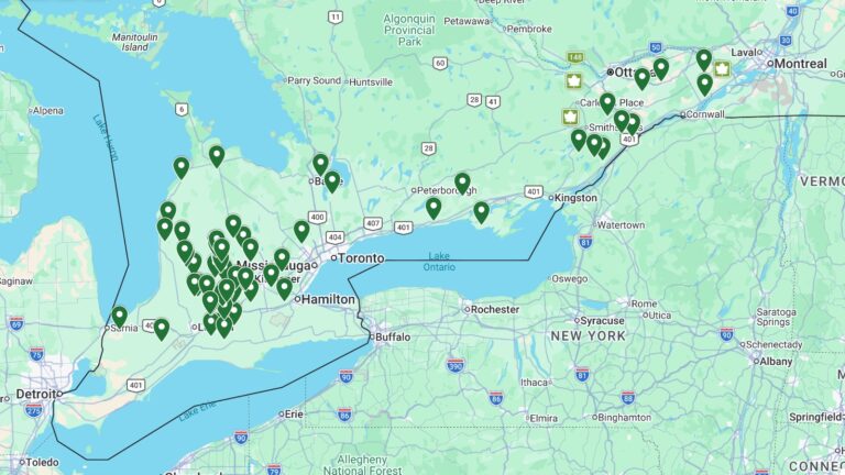 Map of Southern Ontario and Quebec showing green location pin markers concentrated around Guelph, Toronto, and Ottawa, indicating dairy farm research sites.