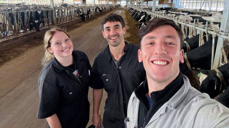 Selfie of three researchers in dark work coveralls smiling inside a long dairy barn with rows of Holstein cows on both sides.